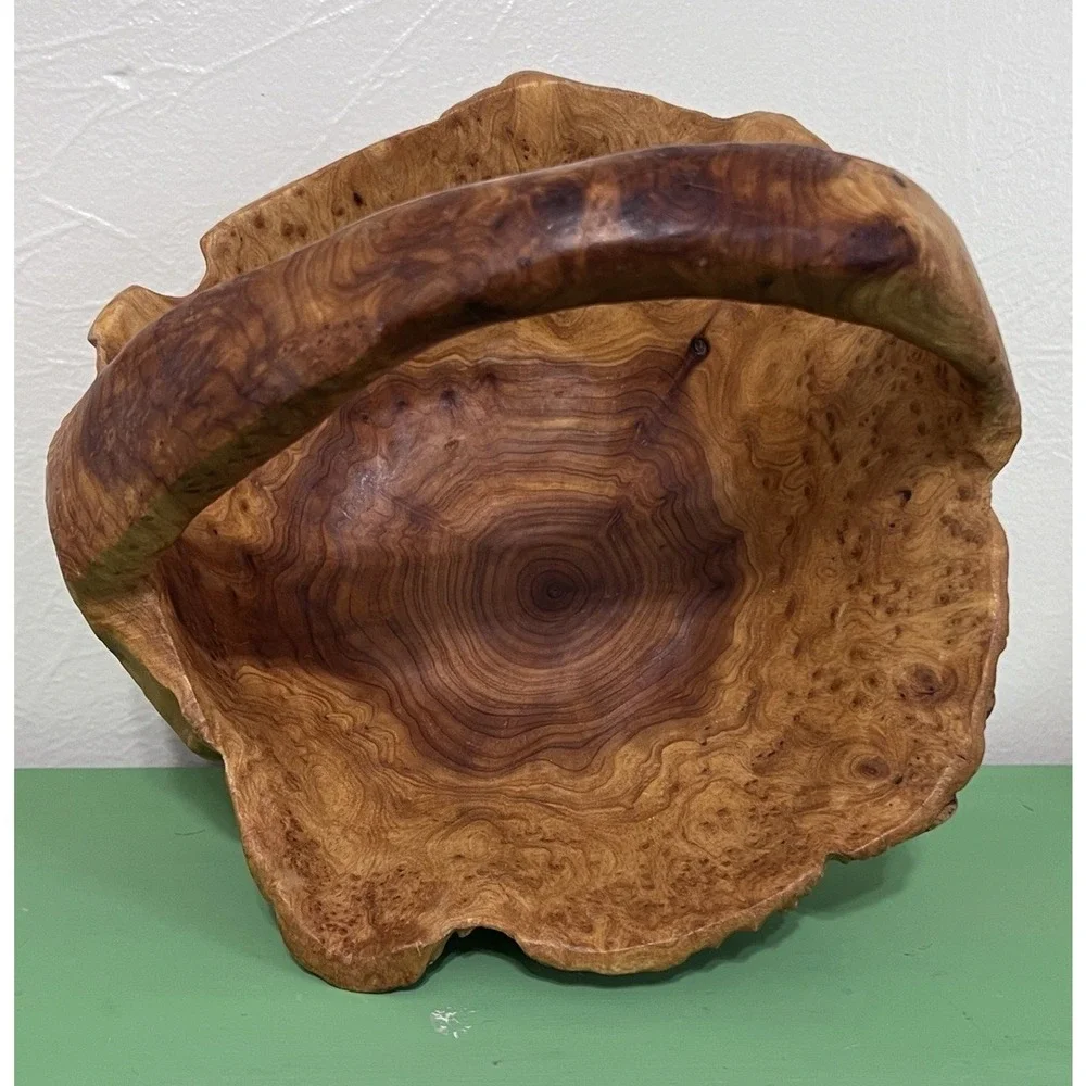 MCM Hand Carved Burl Wood Basket Handle Knobby Unique Boho Cabin Nature VTG‎